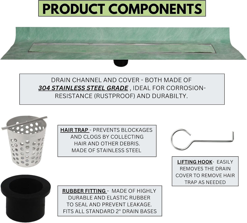 SereneDrains 304 Stainless Steel 16 Inch Invisible Tile in Shower Drain Kit Linear Shower Drains for Tile Floor Long Hair Catcher Strainer Grate Cover Bathroom (16 Inch)