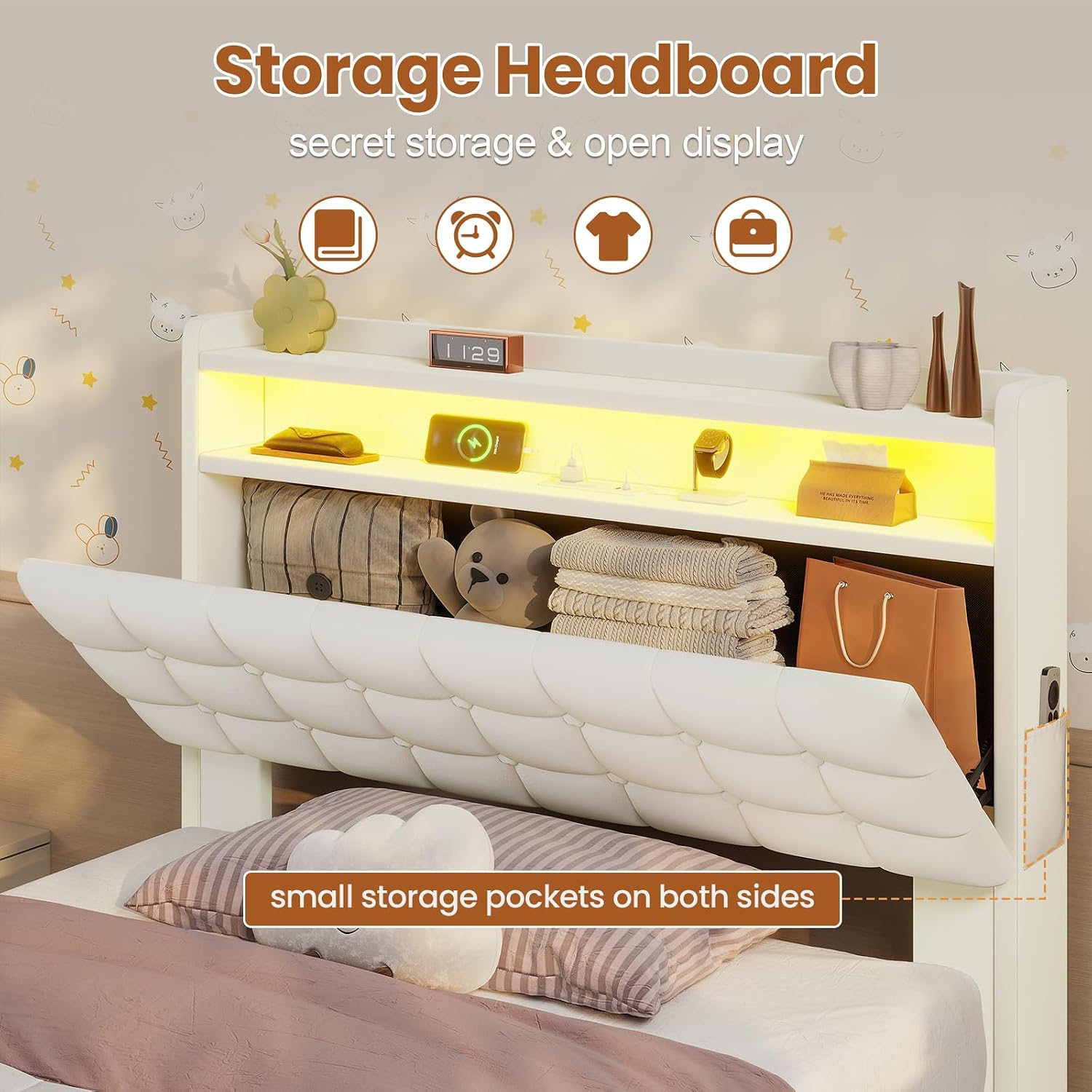 ADORNEVE Lift Up Storage Twin Bed Frame with LED Lights, Hidden Storage Headboard and Charging Station, Upholstered Platform Bed, LED Bed with Hydraulic, No Box Spring Needed, Creamy White