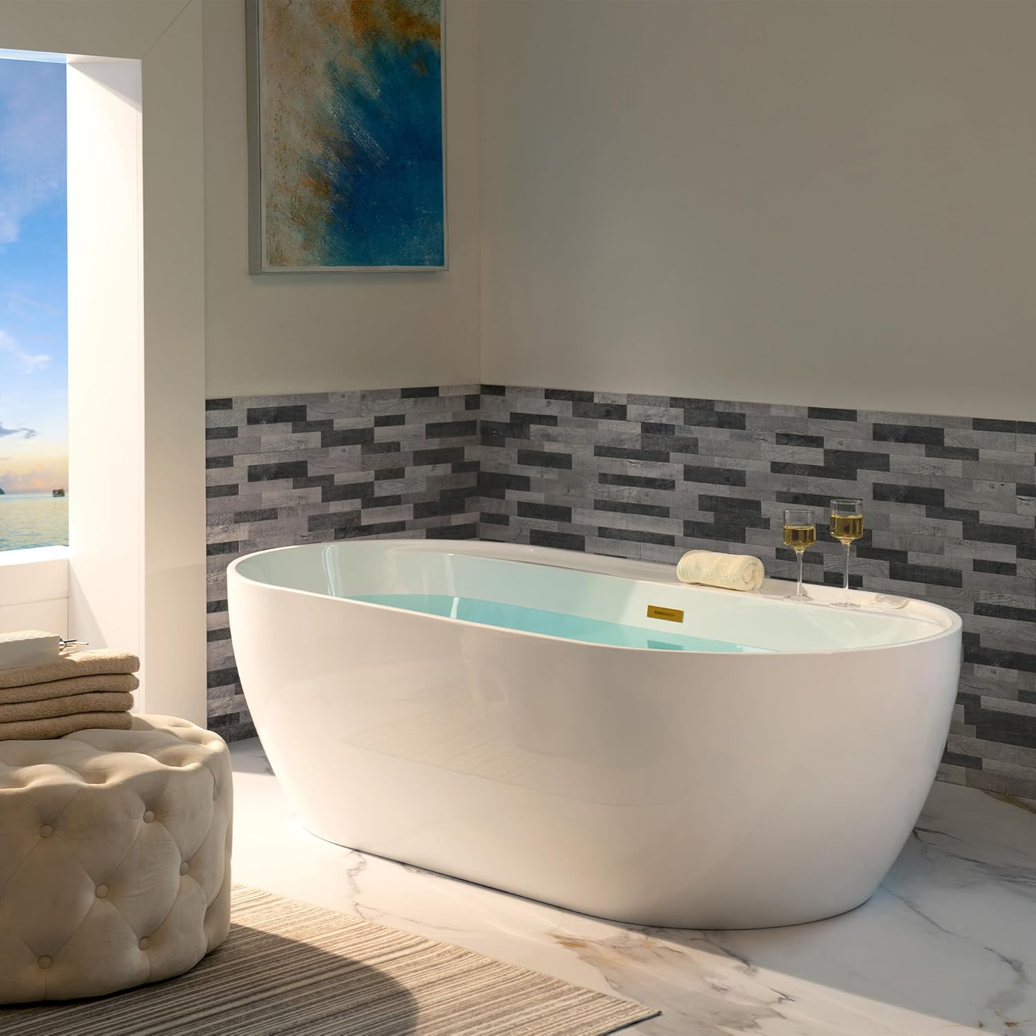 WOODBRIDGE 72' Acrylic Freestanding Bathtub Contemporary Soaking White Tub with Brushed Gold Overflow and Drain,B0059-BG