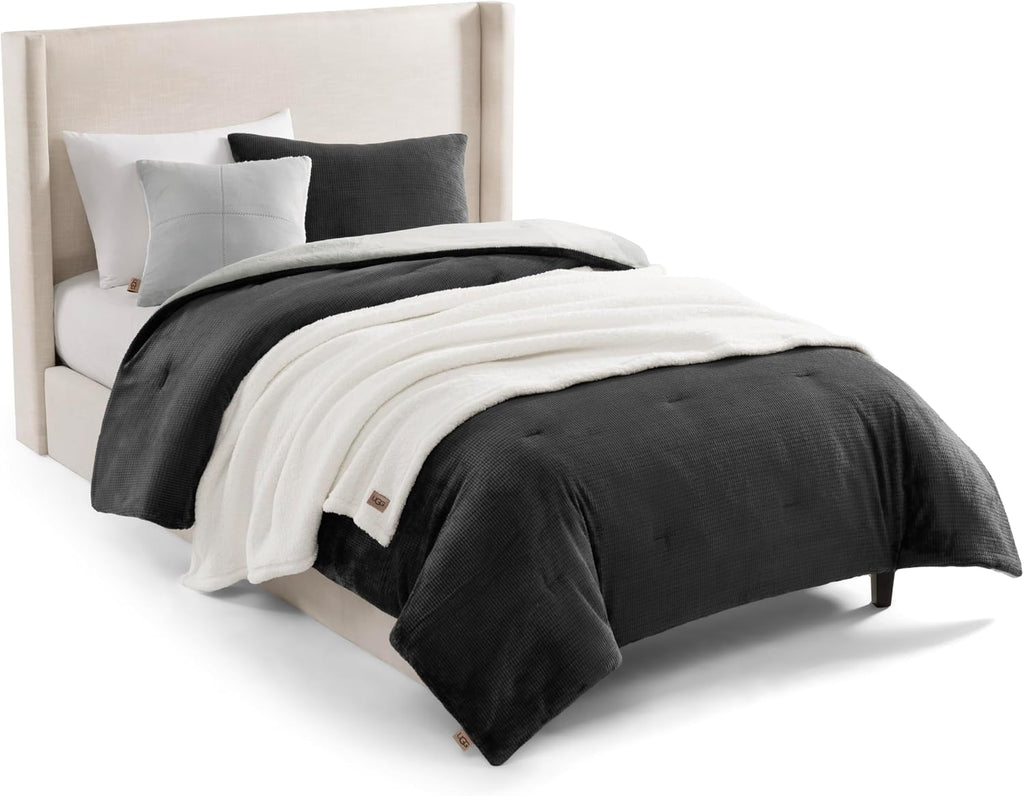 UGG Remina Twin Comforter Set 4 Piece Bed in a Bag with Throw Blanket, Decorative Pillow, Sham, and Reversible Comforter Hypoallergenic Washable College Dorm Bedding, Twin XL, Charcoal Grey