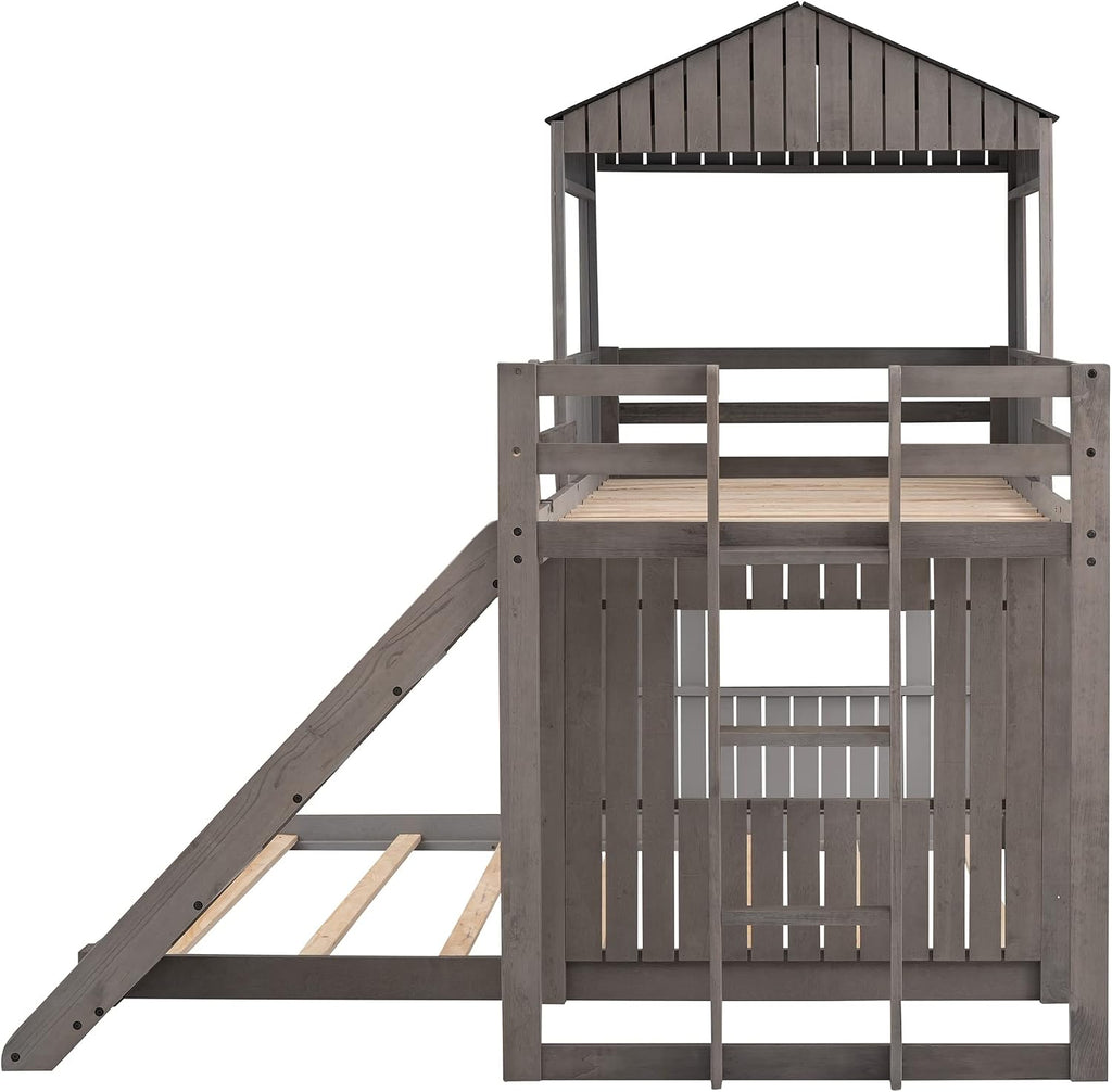 MERITLINE House Bed Bunk Beds with Slide Twin Over Full Size Bunk Bed Frame with Slide,Wooden Playhouse - Design Slide Bunk Beds Twin Over Full Bunk for Boys and Girls