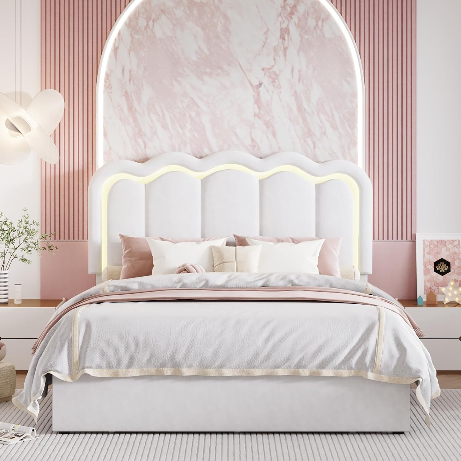 SHA CERLIN Upholstered Full Size Bed Frame with LED Lights and Large Storage Drawer, Velvet Platform Bed with Adjustable Wavy Headboard, Noise Free, Easy Assembly, No Box Spring Needed, Soft White