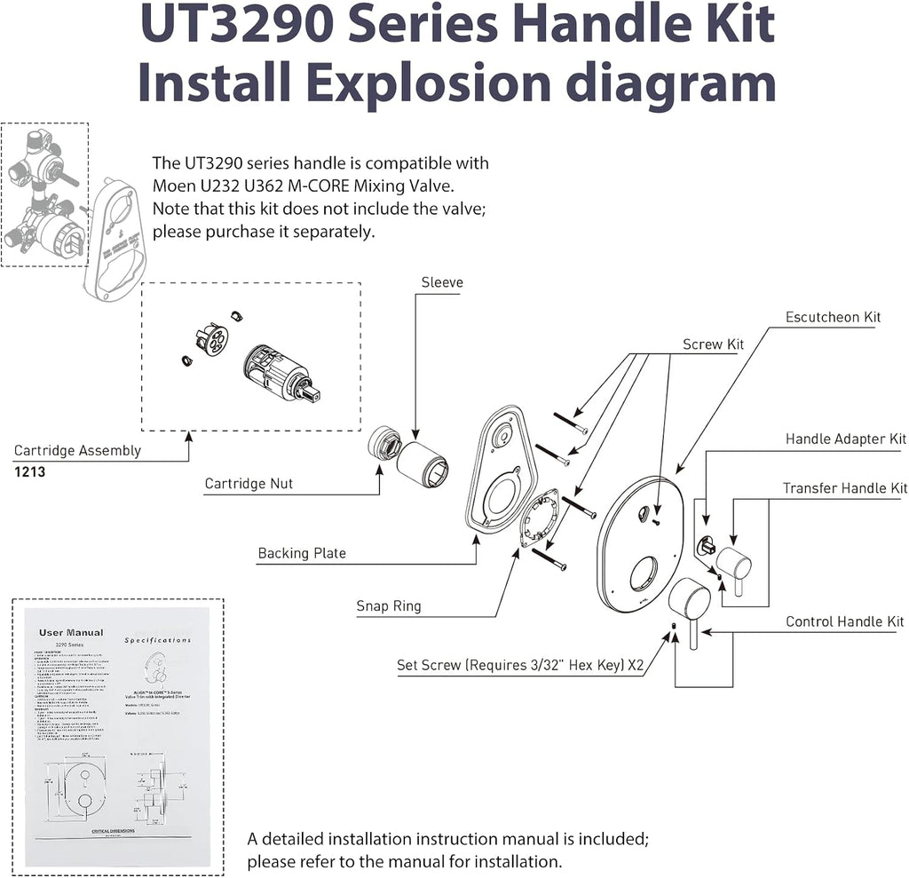 UT3290BN Shower Valve Trim Kit for Moen Align Brushed Nickel M-CORE 3-Series 2-Handle Shower Faucet Trim, Shower Trim UT3290 UT3290BL UT3290BG, Include 1213 Cartridge, U232 U362 Valve Required -2 Year