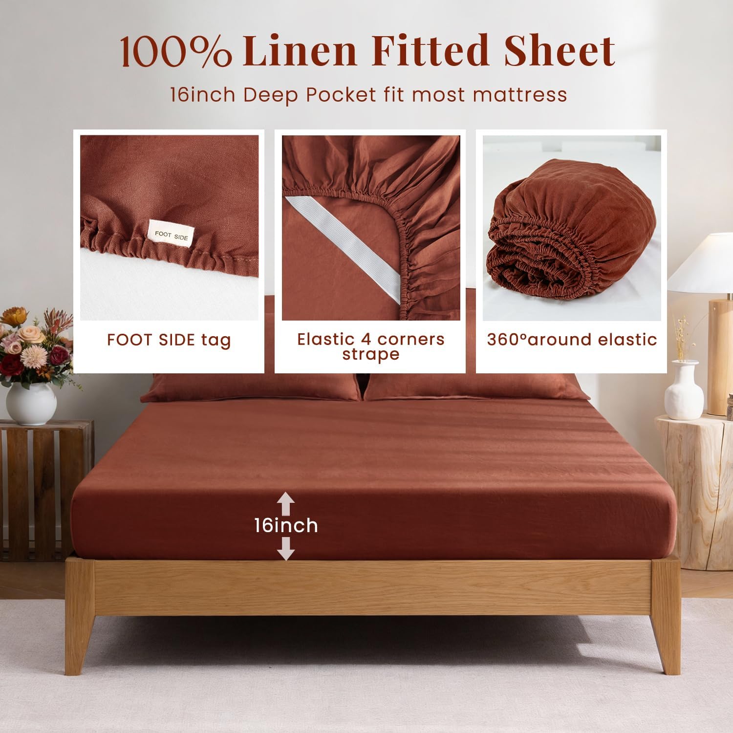 S VICTORY SYMBOL 100% Organic Linen Sheets Set Queen Size 4 Pieces(1 Flat Sheet & 1 Fitted Sheet & 2 Pillowcase) Natural Flax Bedding,GOTS Certified,16inch Deep Pocket Sheet,Burgundy