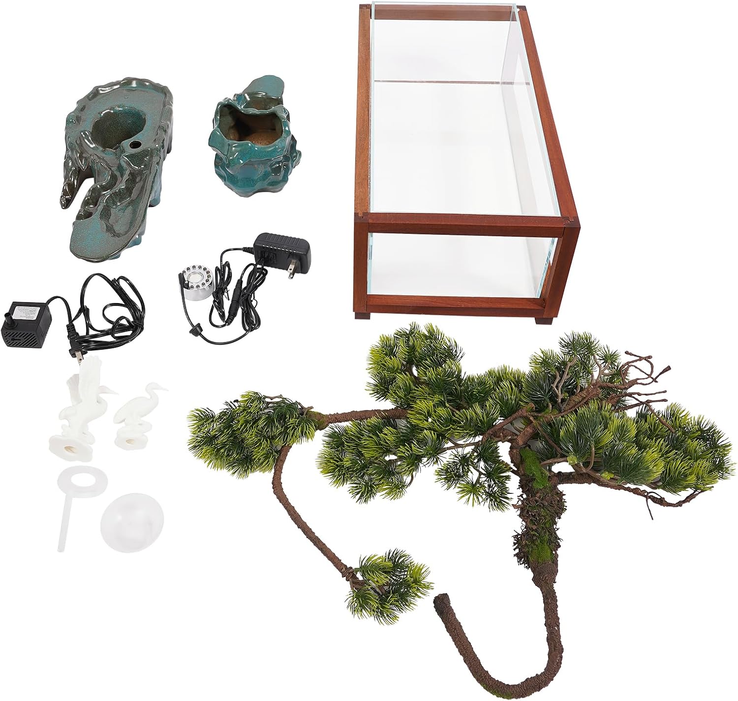 Tabletop Water Fountains Indoor Waterfall with Mist Fake Plants for Feng Shui Wealth Boom Desk Fountain with Fish Tank Pump Atomizer for Meditation in Living Room Bedroom Entrance Yoga Room
