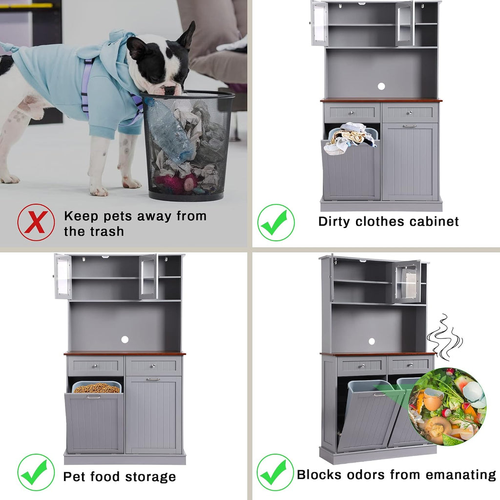 Double Tilt Out Trash Cabinet Storage Cabinet 20 Gallon with Two Solid Wood Hideaway Trash Holder Drawers, Dual Wooden Free Standing Recycling Cabinets Trash Can Bin Kitchen (Gray)