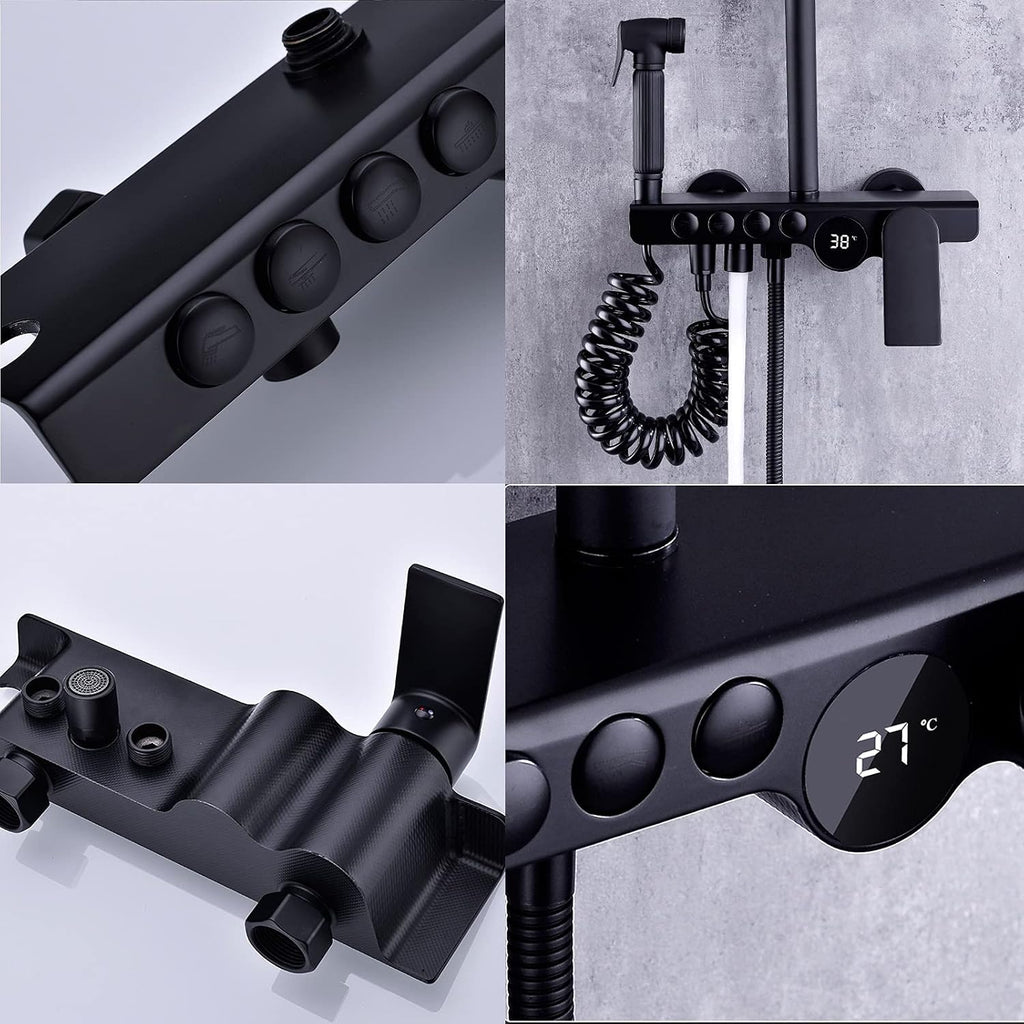 Rain Shower System Complete for Bathroom, Wall Mount Adjustable Shower Faucets Sets with Bath Filler and Bidet Faucets, Rainfall Shower Head and 3 Function Handheld Shower (Color : Black)