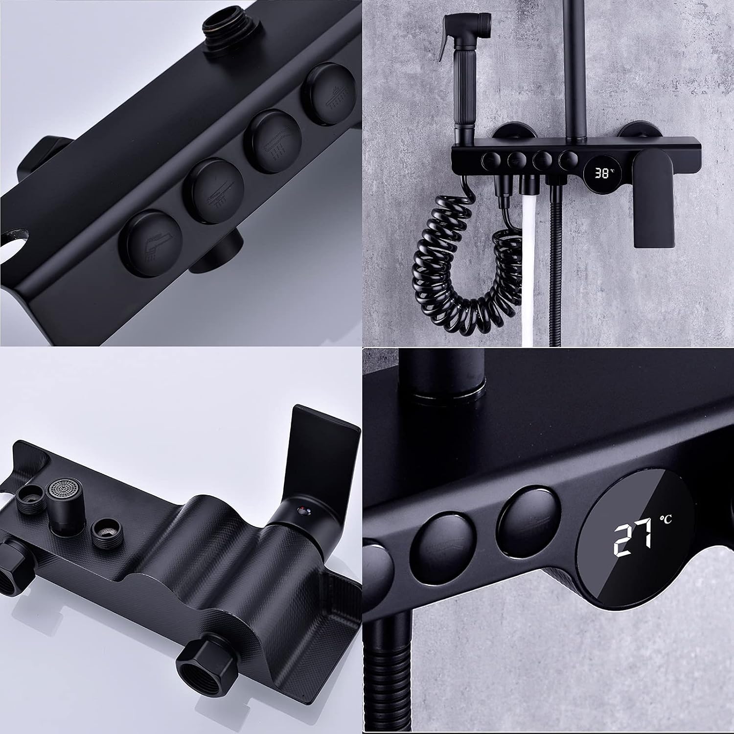 Rain Shower System Complete for Bathroom, Wall Mount Adjustable Shower Faucets Sets with Bath Filler and Bidet Faucets, Rainfall Shower Head and 3 Function Handheld Shower (Color : Black)