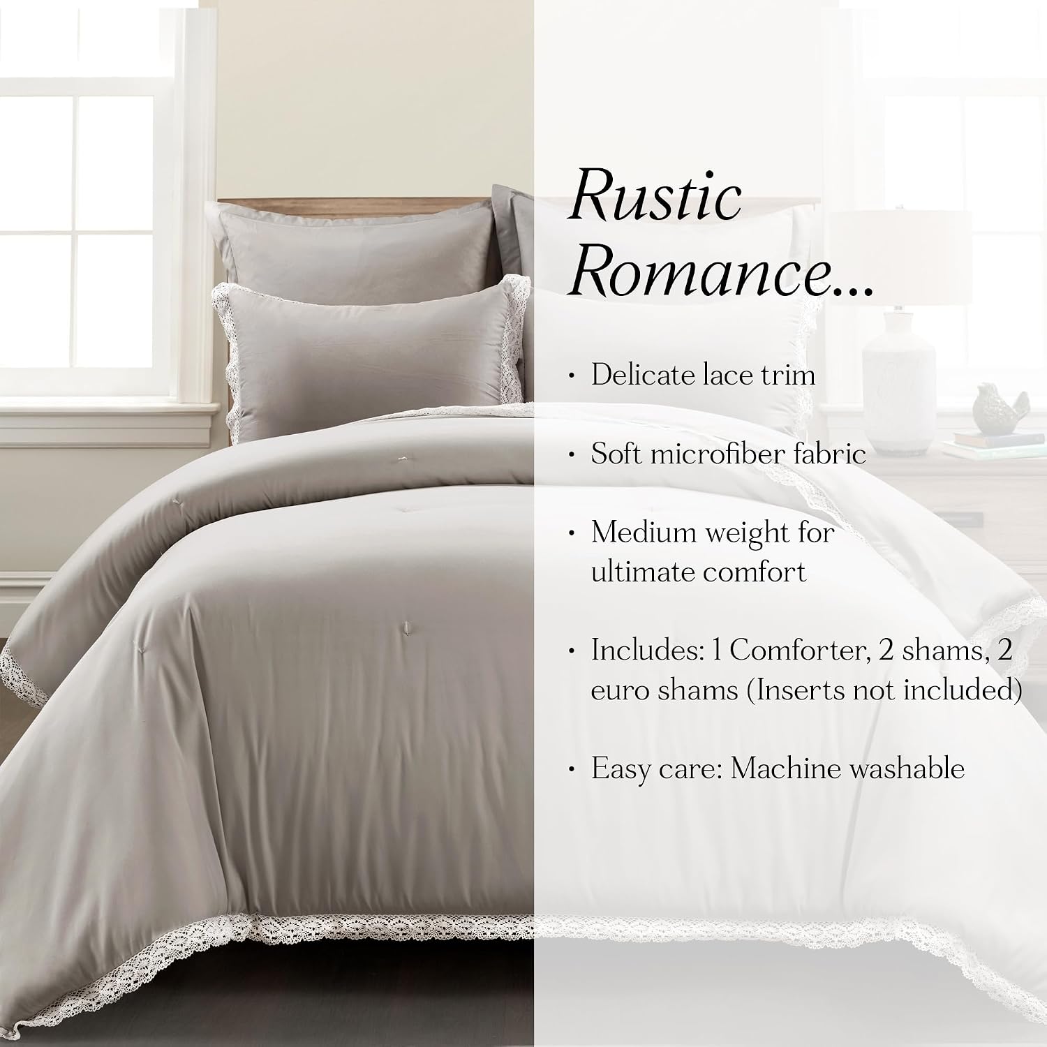 Lush Decor Rosalie Embellished Lace Comforter Set, 5 Piece Set, Full/Queen, Light Gray - Solid Color Bedding Set - Lace Trim Boho - Cottage Core Decor -