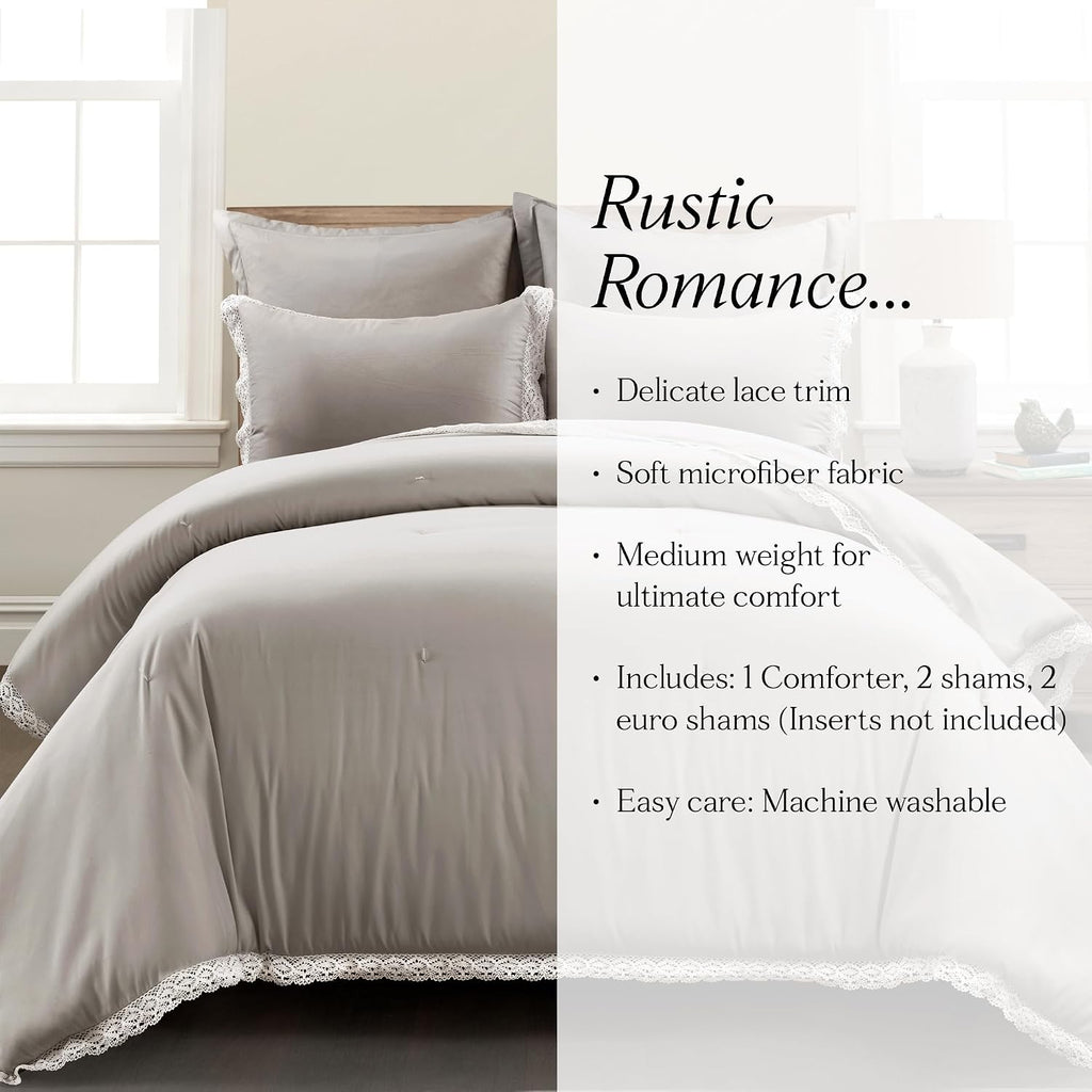 Lush Decor Rosalie Embellished Lace Comforter Set, 5 Piece Set, King, Light Gray - Solid Color Bedding Set - Lace Trim Boho - Cottage Core Decor