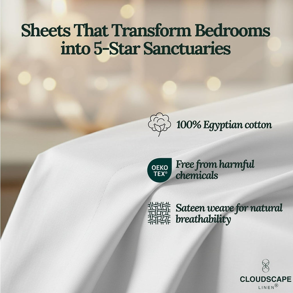 CLOUDSCAPE LINEN Split King Sheets Set Egyptian Cotton Bedding 5-Piece - Cooling Sateen Weave Cotton Sheet Set for Bed - Durable Long Staple Dual-Ply - Fits 17' Deep Mattress - White