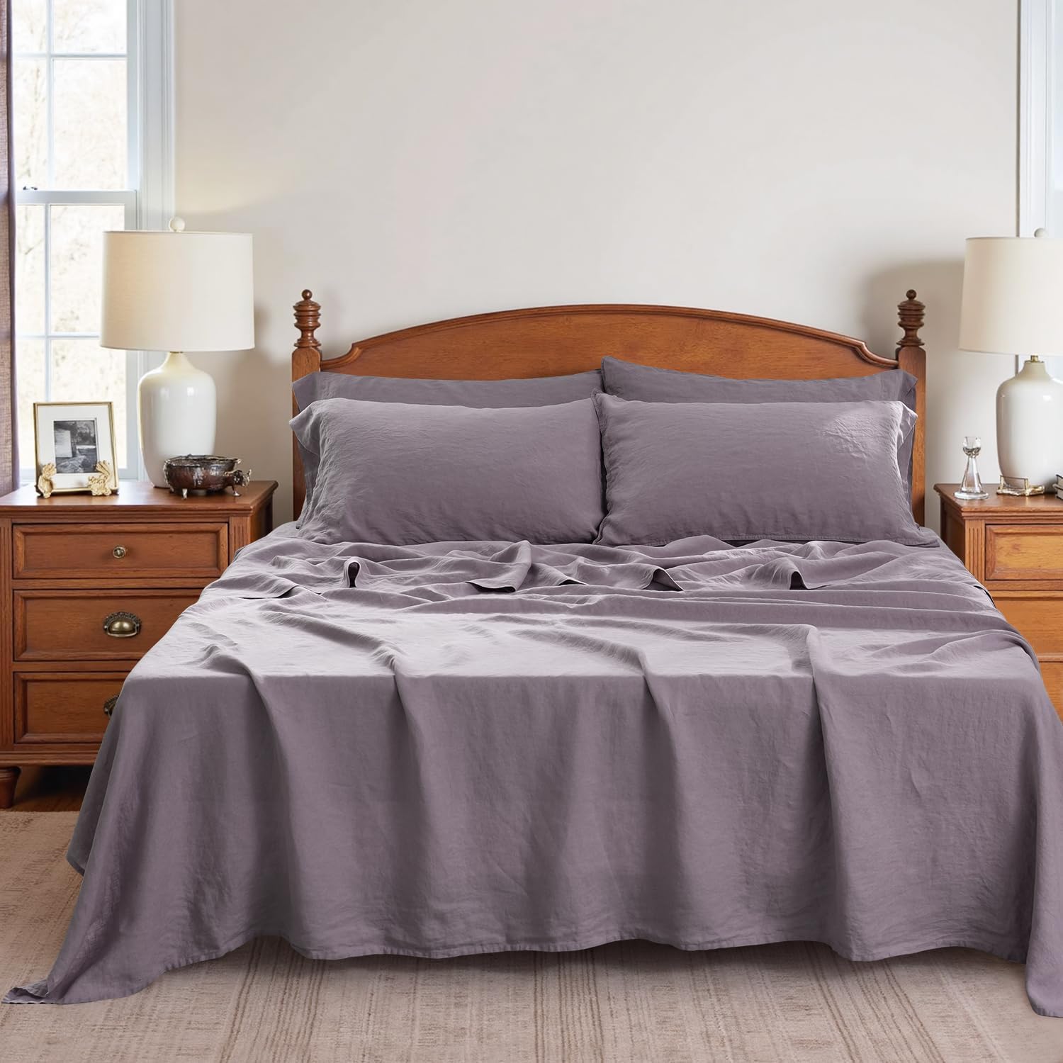 S VICTORY SYMBOL 100% Organic Linen Sheet Sets Full,Washed French Flax Bedding Set 4 Pieces(2 Pillowcases,1 Fitted Sheet,1 Flat Sheet),16inch Deep Pocket Linen Bed Sheets,Dusty Purple