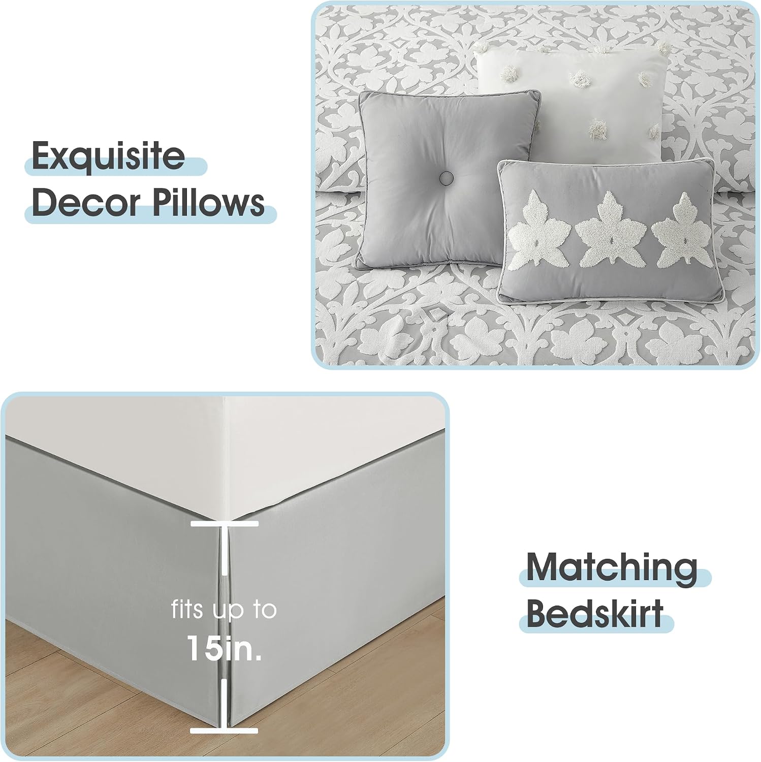 LANCO MODERN LIFESTYLE 7 Pieces Comforter Set, Queen, White Grey, Jacquard Floral Pattern and Classy Damask Medallion Design, Ultra Soft, Includes Bed Skirt, Shams, and Decorative Pillows