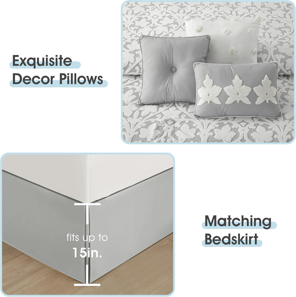 LANCO MODERN LIFESTYLE 7 Pieces Comforter Set, California King, White Grey, Jacquard Floral Pattern and Classy Damask Medallion Design, Ultra Soft, Includes Bed Skirt, Shams and Decorative Pillows