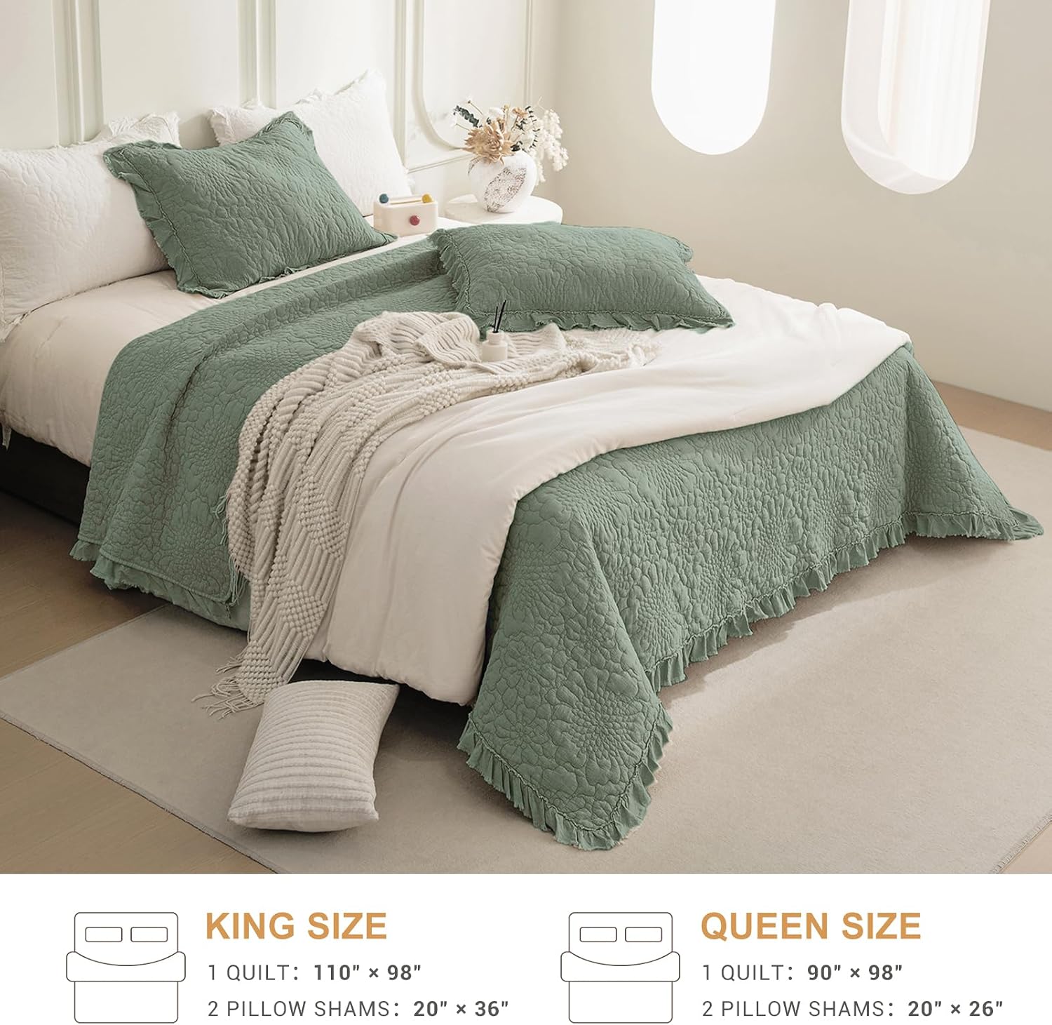 QSH 3PCs Stonewashed Cotton Quilt King (110'x98'),Olive Green Ruffle Quilt King Size Bedding Set,Ultra Lightweight Soft Crinkled Bedspread Coverlet King Shabby Farmhouse Chic Bedding for All Seasons