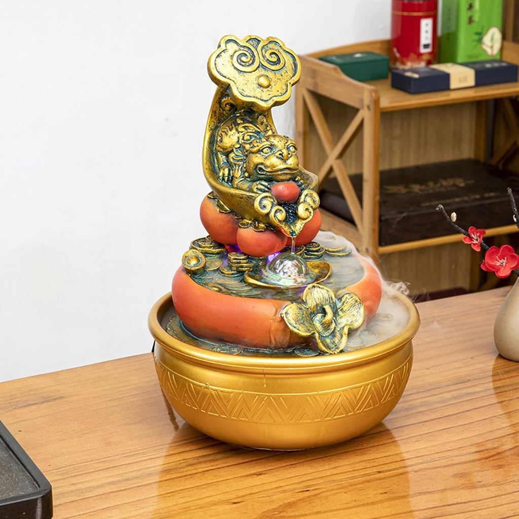 HIHELO Desktop Fountain Resin Tabletop Fountain Waterfall Decoration with LED Lights Portable Tabletop Decoration Zen Meditation Waterfall for Office Living Room Water Fountain Outdoor (Color : A)