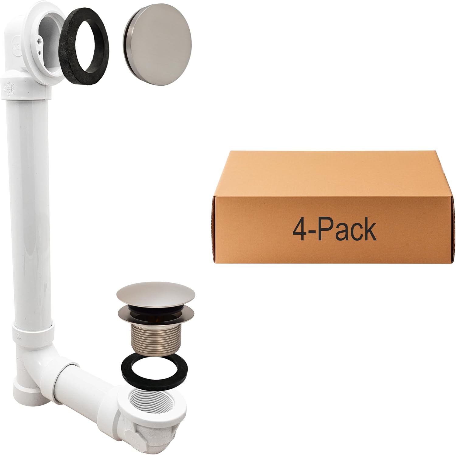 Westbrass 493244H-07 14' SCH. 40 PVC Bath Waste & Overflow Assembly with Illusionary Faceplate and Tip-Toe Drain Plug, Satin Nickel (4-Pack)