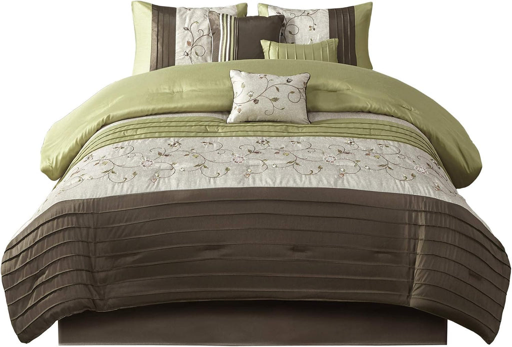 Madison Park Serene Faux Silk Comforter Set - Floral Embroidery Design, All Season Bedding Set, Matching Bed Skirt, Decorative Pillows, Green Queen(90'x90') 7 Piece
