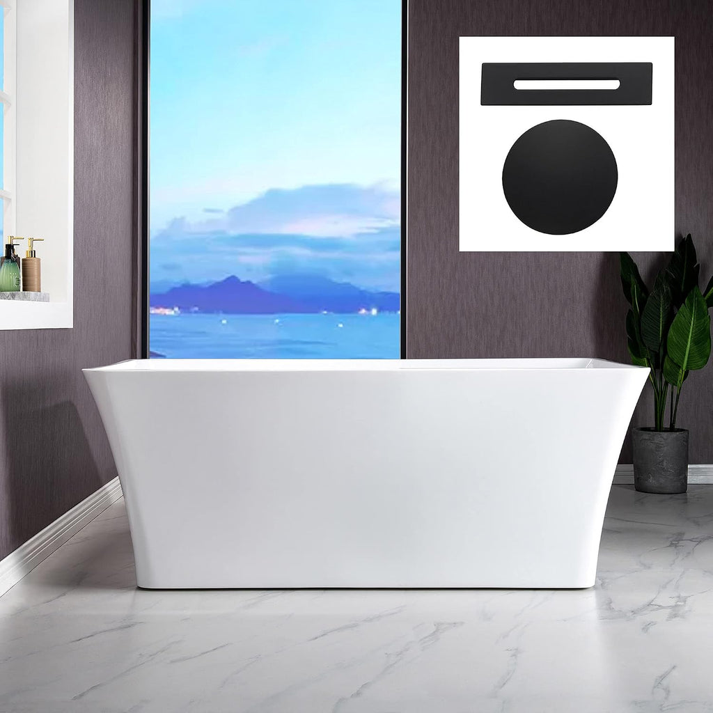 WOODBRIDGE 59' Freestanding White Acylic Soaking Bathtub with Matte Black Drain and Overflow,BTS1509-MB-Drain&O