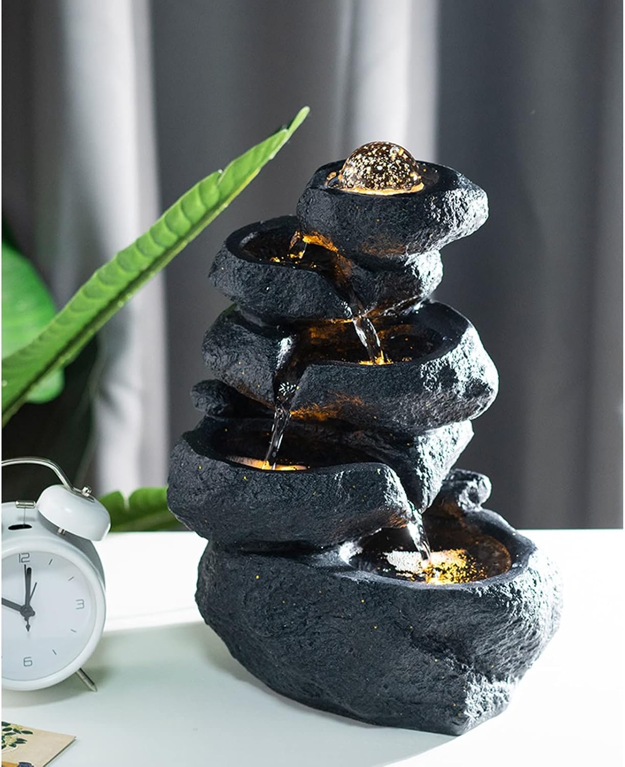 Tabletop Fountain Indoor Tabletop Fountain with LED Lights, Decorative Tiered Rock and Waterfall Design, Quiet and Soothing Water Sound, Small 13.7 Inch Desktop Size Water Fountain Indoor Fountain(Bla