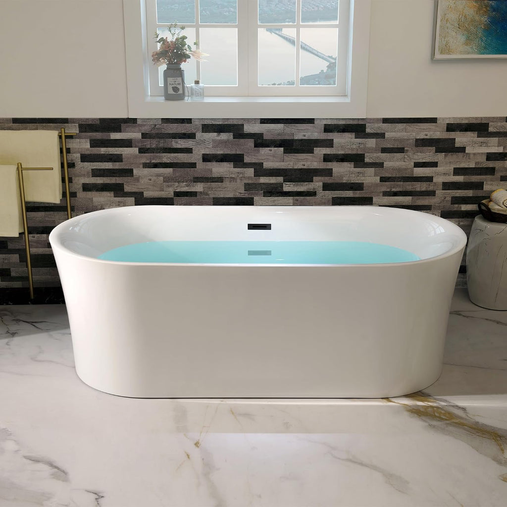 WOODBRIDGE 67' Acrylic Freestanding Bathtub Contemporary Soaking Tub with Matte Black Overflow and Drain,White Tub,B0057-MB
