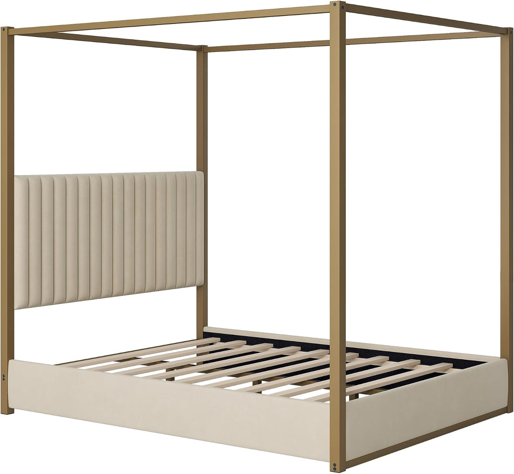 LUMISOL Queen Size Metal Canopy Bed Frame, 4 Poster Canopy Bed with Tall Upholstered Headboard, Upholstered Low Profile Canopy Platform Bed, No Box Spring Needed, Beige + Gold