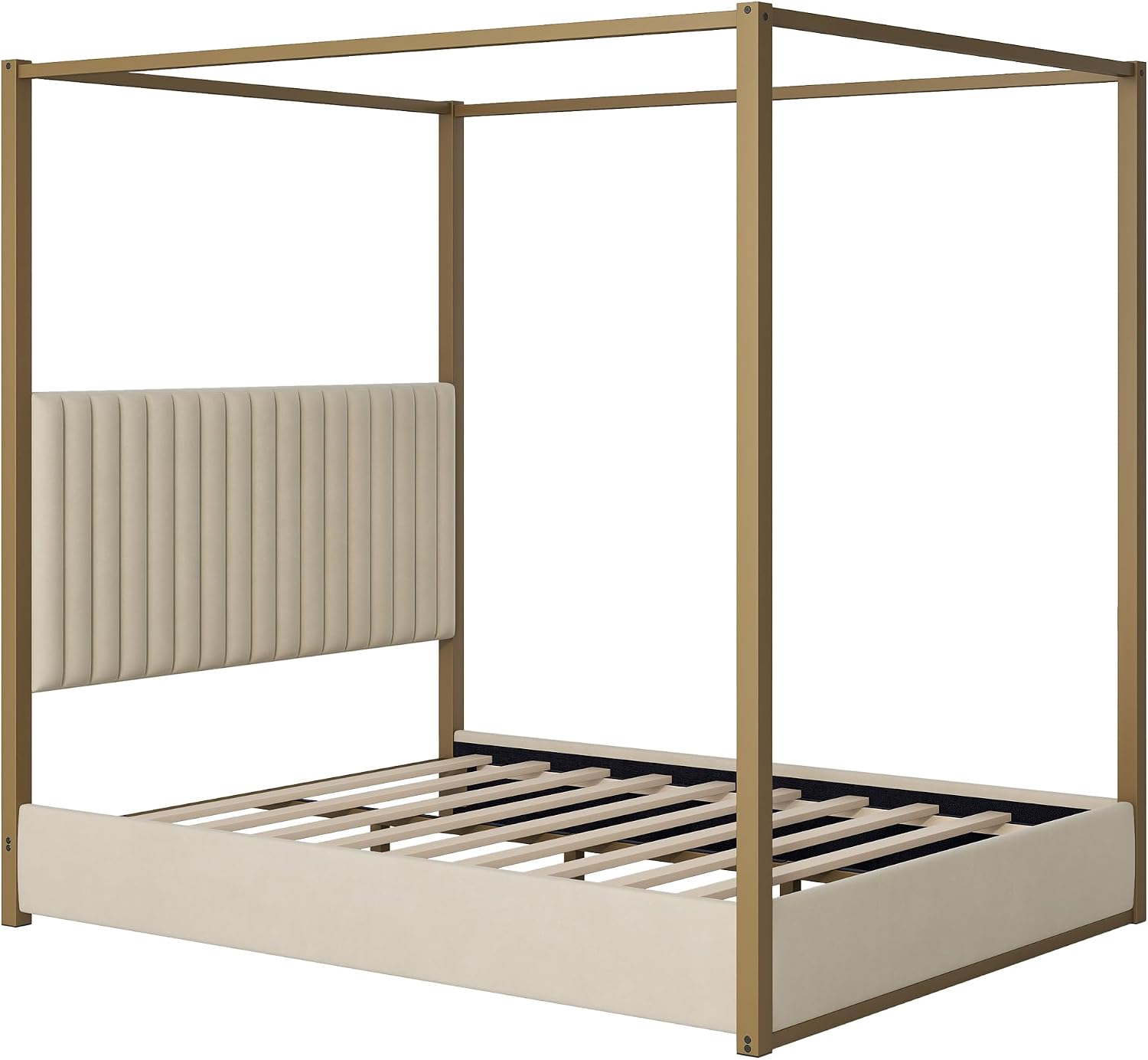 LUMISOL Queen Size Metal Canopy Bed Frame, 4 Poster Canopy Bed with Tall Upholstered Headboard, Upholstered Low Profile Canopy Platform Bed, No Box Spring Needed, Beige + Gold