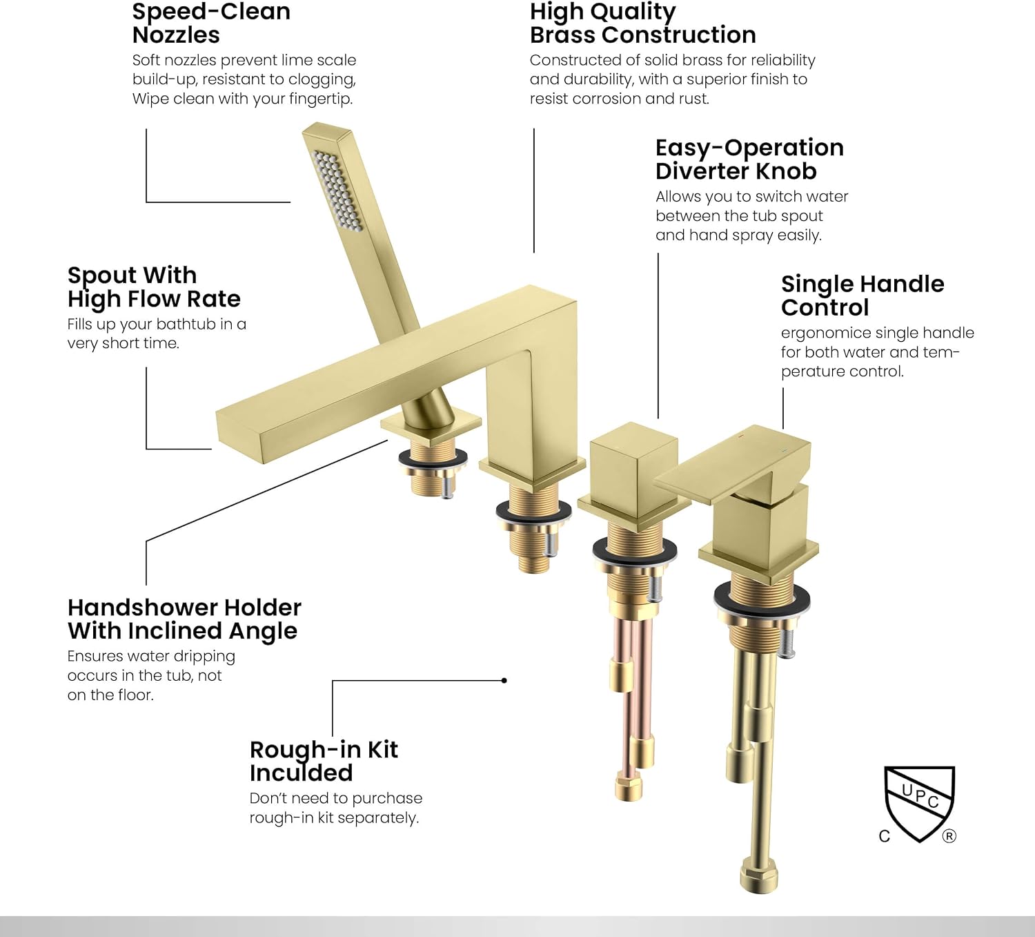 KIBI Cube Single Handle Roman Tub Faucet with Hand Shower | Deck Mounted Bathtub Faucet Set with Solid Brass Construction, Smooth Water Flow & Diverter for Easy Operation (Brushed Gold, KTF3102)
