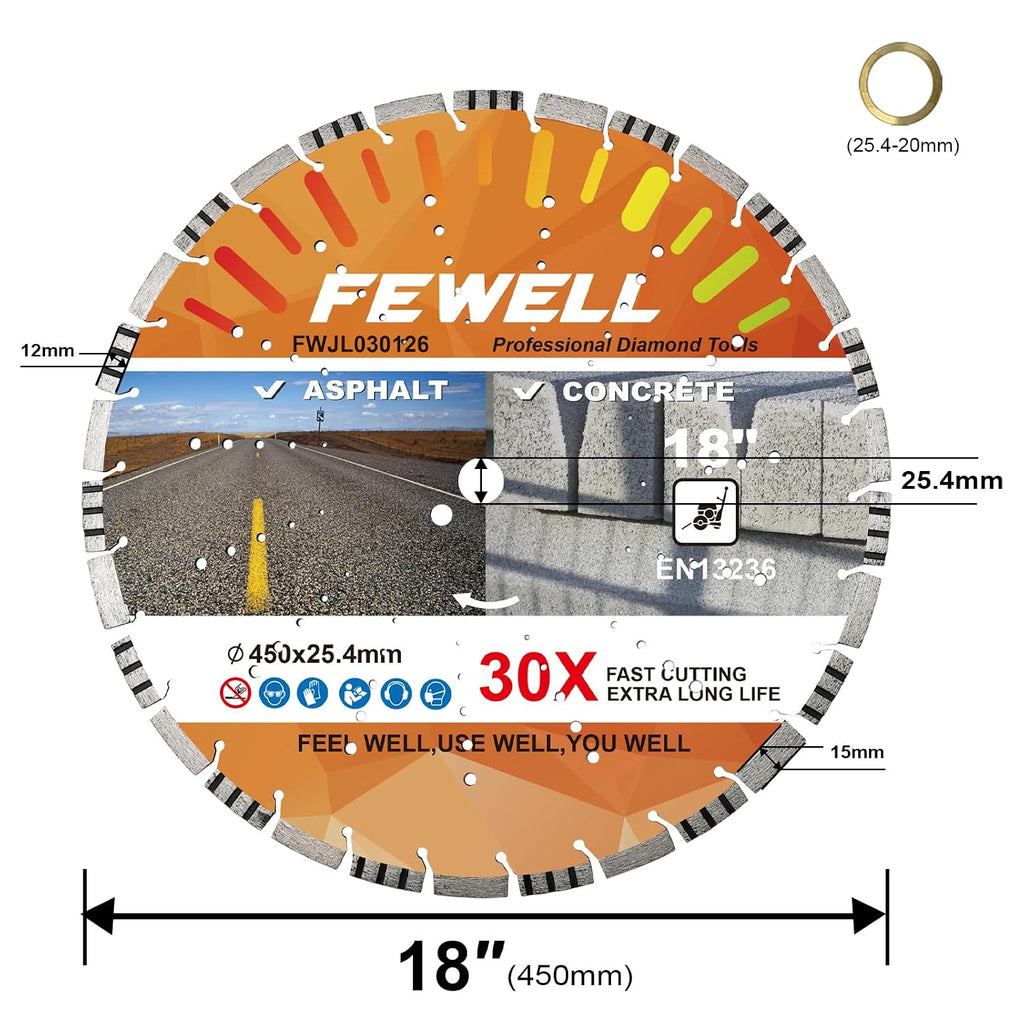 FEWELL 18' Concrete Diamond Saw Blade,Asphalt Diamond Blade Multi-Purpose for Cutting Hard Reinforced Concrete Asphalt Masonry Stone Terrazzo, Laser-Welded Segmented, 1'-20mm Bore