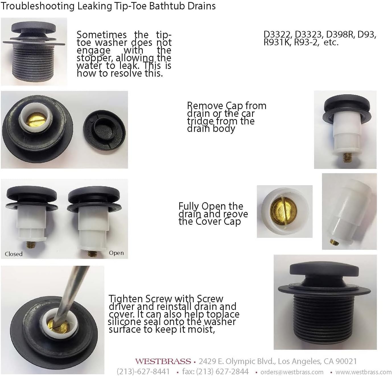 Westbrass R93-36-62 1-1/2' Coarse Thread Tip-Toe Bathtub Drain Plug Trim Set with One-Hole Overflow Faceplate, Matte Black (36-Pack)