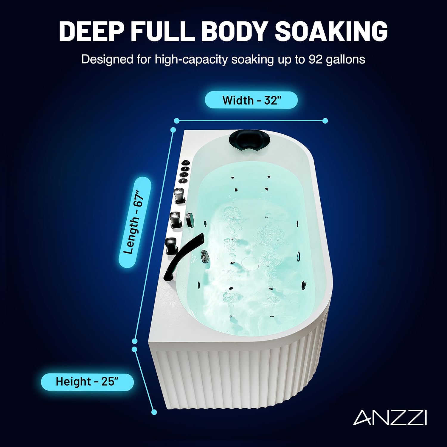 ANZZI Stone Bell 67' x 32' Freestanding Bathtub, Center Drain | Flat Bottom Tub with Air and Whirlpool Massage Jets, Lights, 5-Piece Faucet, 92 Gallon Free Standing Tub - White and Black