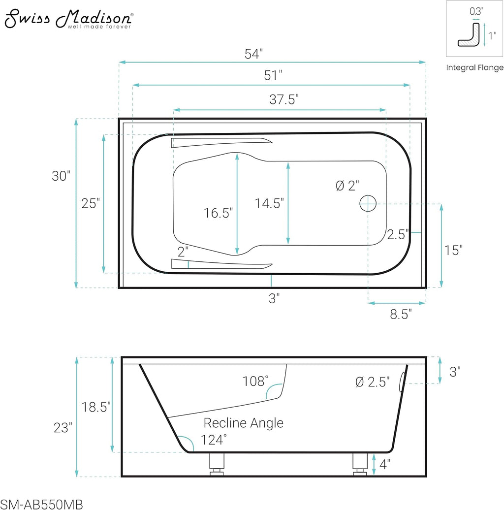 Voltaire 54' x 30' Right-Hand Drain Alcove Bathtub with Apron in Matte Black