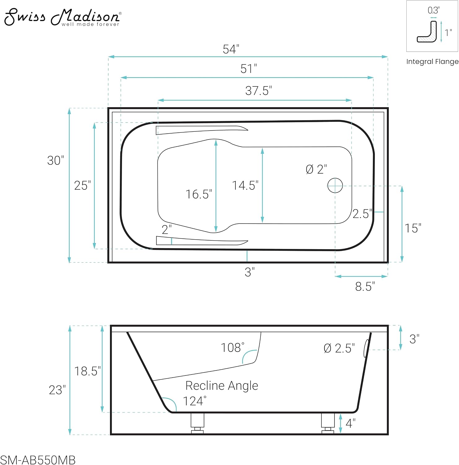 Voltaire 54' x 30' Right-Hand Drain Alcove Bathtub with Apron in Matte Black