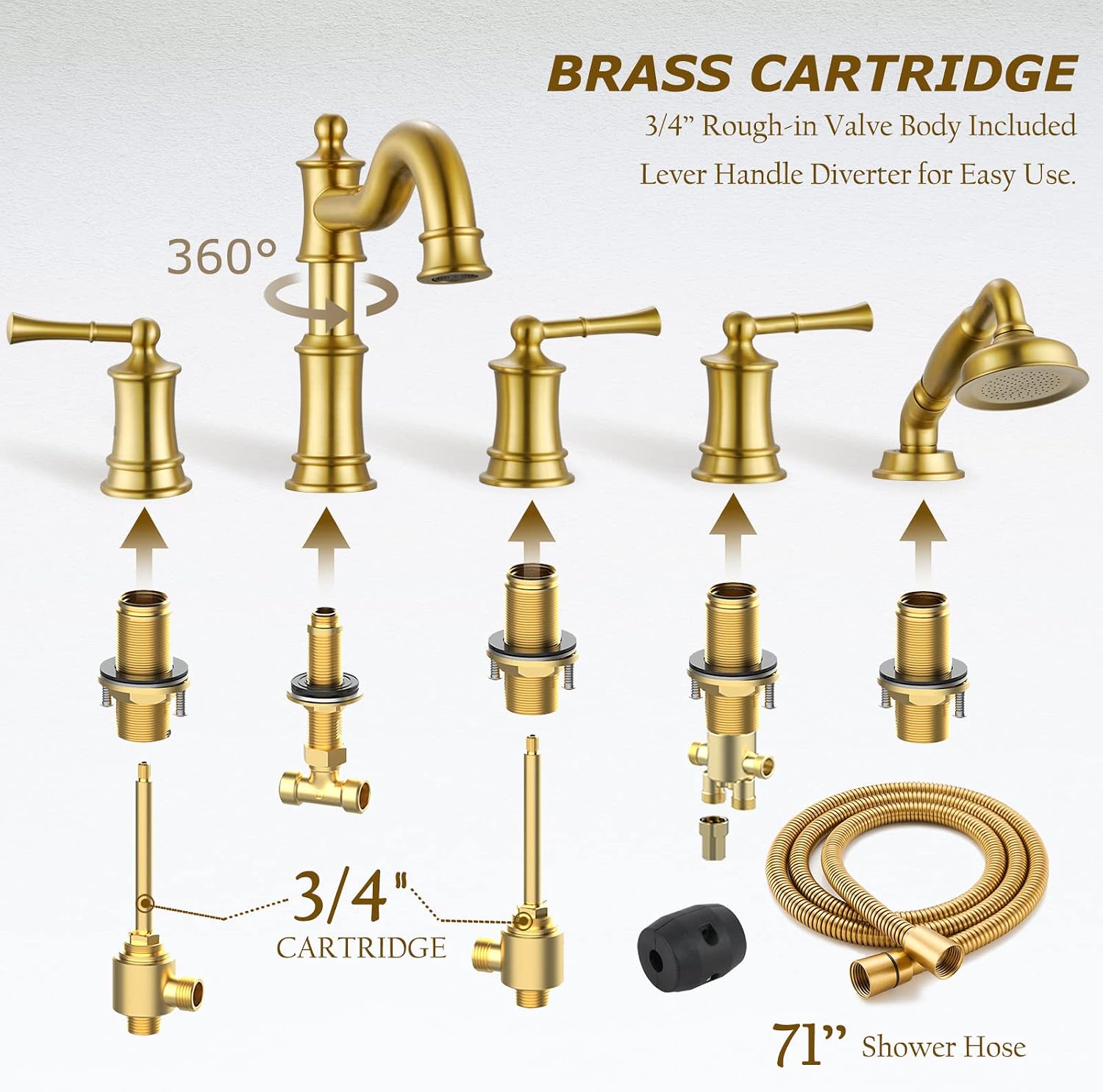 Roman Tub Faucet Set With Handheld Shower 5 Hole Deck Mount Tub Filler With Diverter, 3 Lever Handle Rough-in Valve and Water Supply Lines Included for Bathroom Tub, Brushed Gold