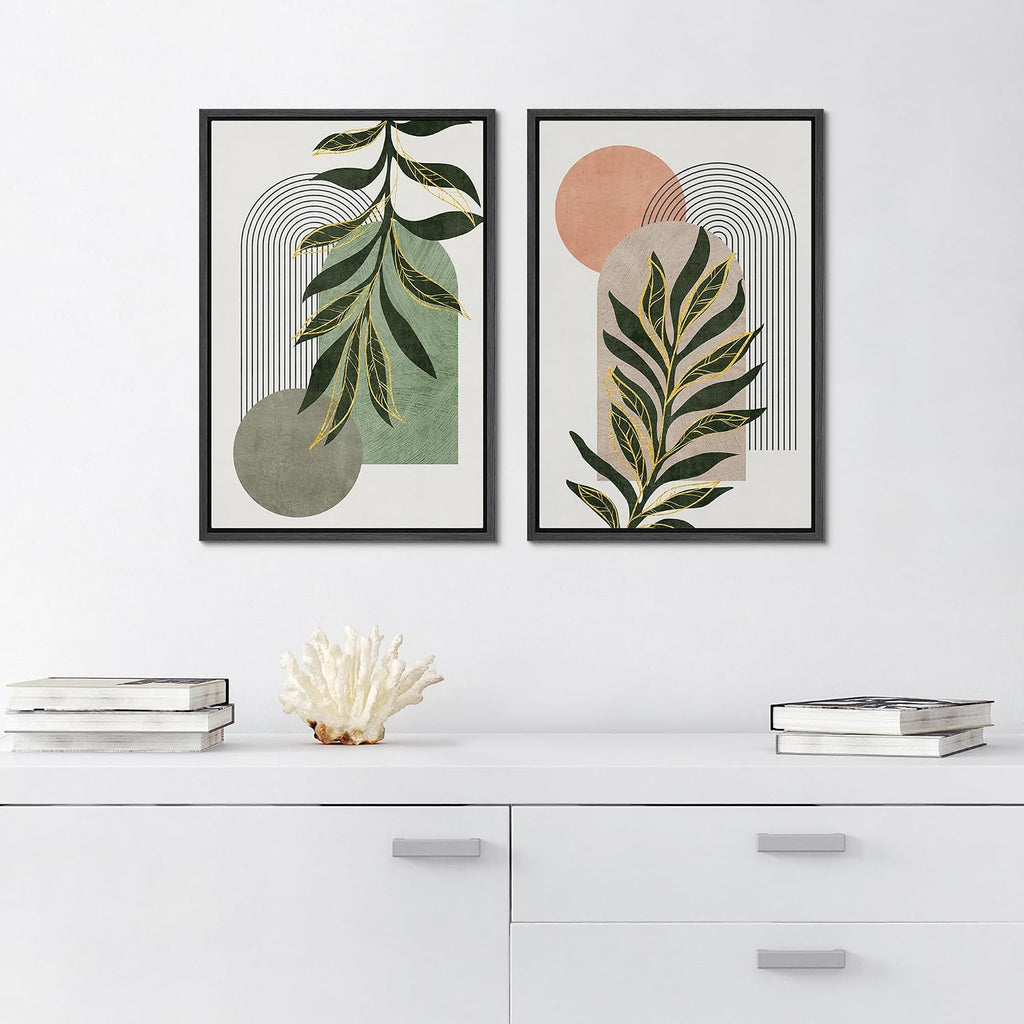 SIGNFORD Framed Canvas Print Wall Art Set Jungle Palm Leaf Geometric Polygons Abstract Shapes Illustration Modern Art Decorative Nordic Nature for Living Room, Bedroom, Office - 24'x36'x2 Black