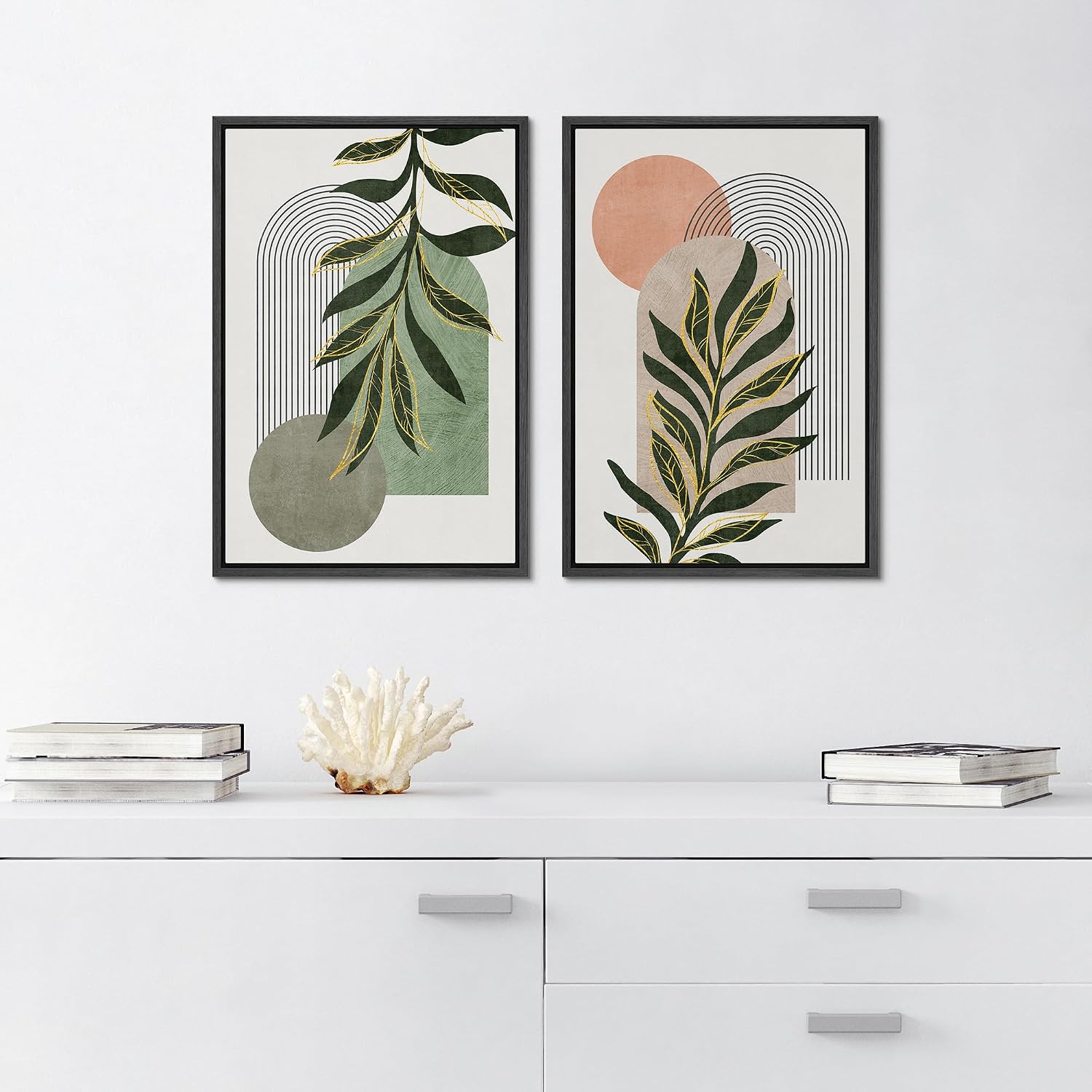 SIGNFORD Framed Canvas Print Wall Art Set Jungle Palm Leaf Geometric Polygons Abstract Shapes Illustration Modern Art Decorative Nordic Nature for Living Room, Bedroom, Office - 24'x36'x2 Black