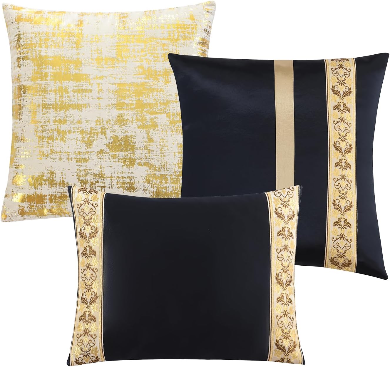 Finlonte King Size Comforter Set, Navy Blue Gold, 7 Piece Bed in a Bag for All Seasons, Luxury Vintage Floral Jacquard Damask Paisley Patchwork, Bedding Sets with Bedskirt, Shams and Decor Pillows