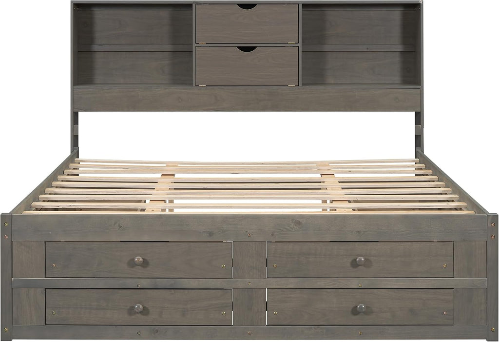 Queen Size Platform Bed with Storage Headboard, Solid Wood Platform Bed Captain's Bed Frame with 8 Drawers, Sturdy Slats Support, Maximize Space, Grey-8r
