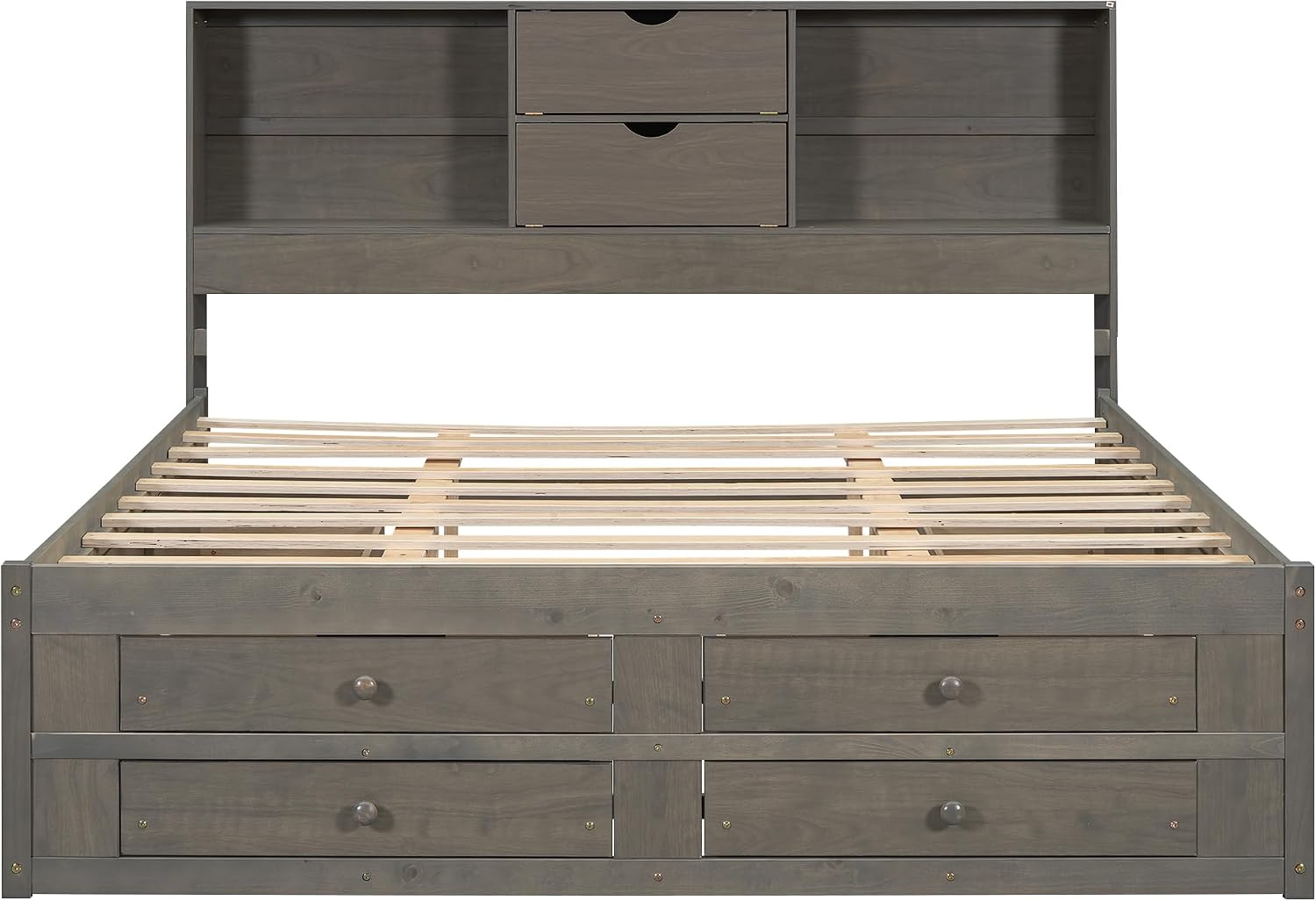 Queen Size Platform Bed with Storage Headboard, Solid Wood Platform Bed Captain's Bed Frame with 8 Drawers, Sturdy Slats Support, Maximize Space, Grey-8r