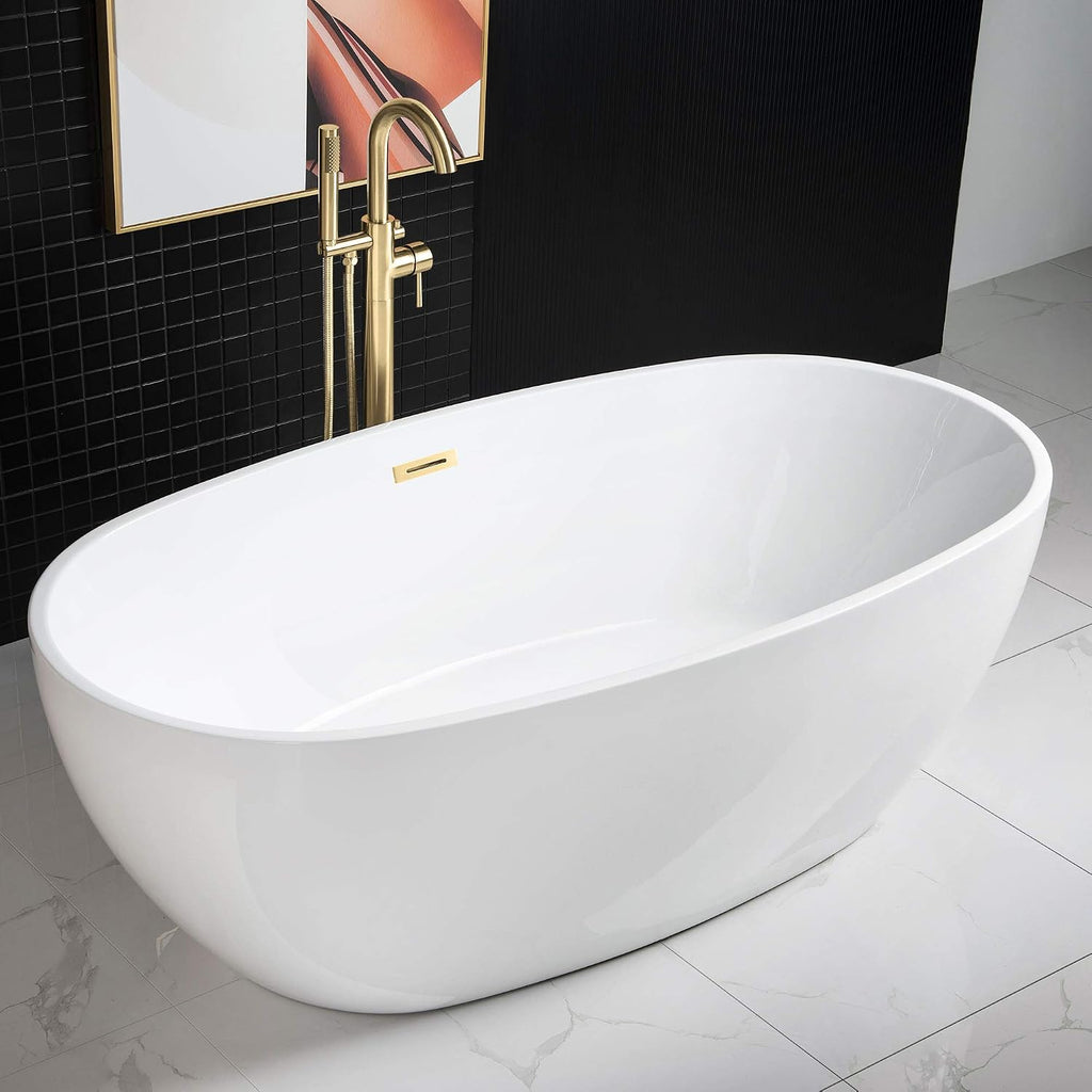 WOODBRIDGE 67' Acrylic Freestanding Bathtub Contemporary Soaking White Tub with Brushed Gold Overflow and Drain，BTA1528-BG