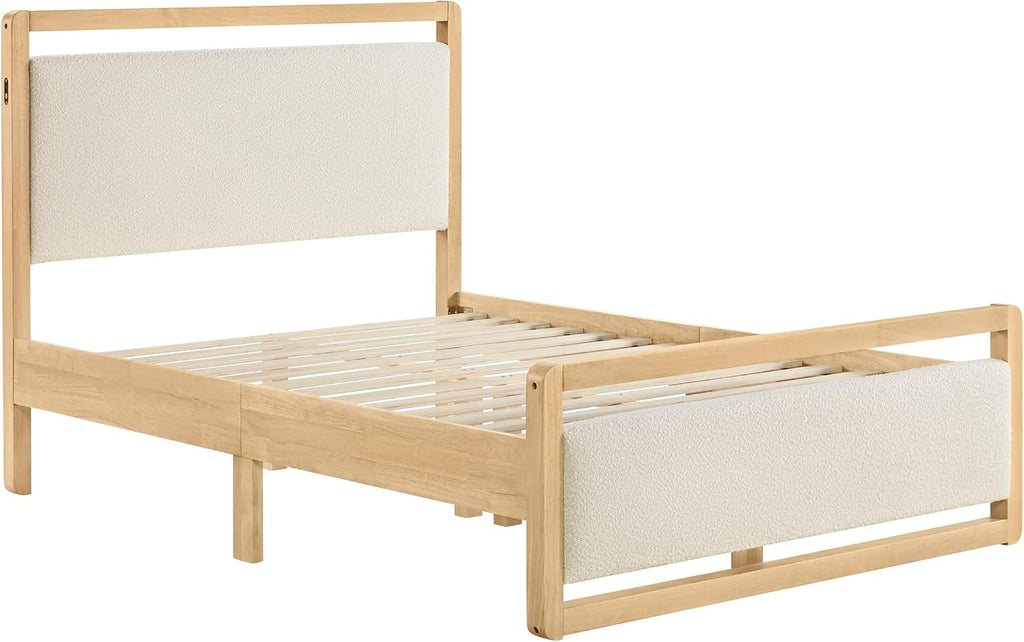 KISLOT 3 Pieces Bedroom Set, Wood Bed Frame with Upholstered Headboard & 2 Nightstands with Storage, Wooden Platform Mattress Foundation Farmhouse Bedroom Furniture Set