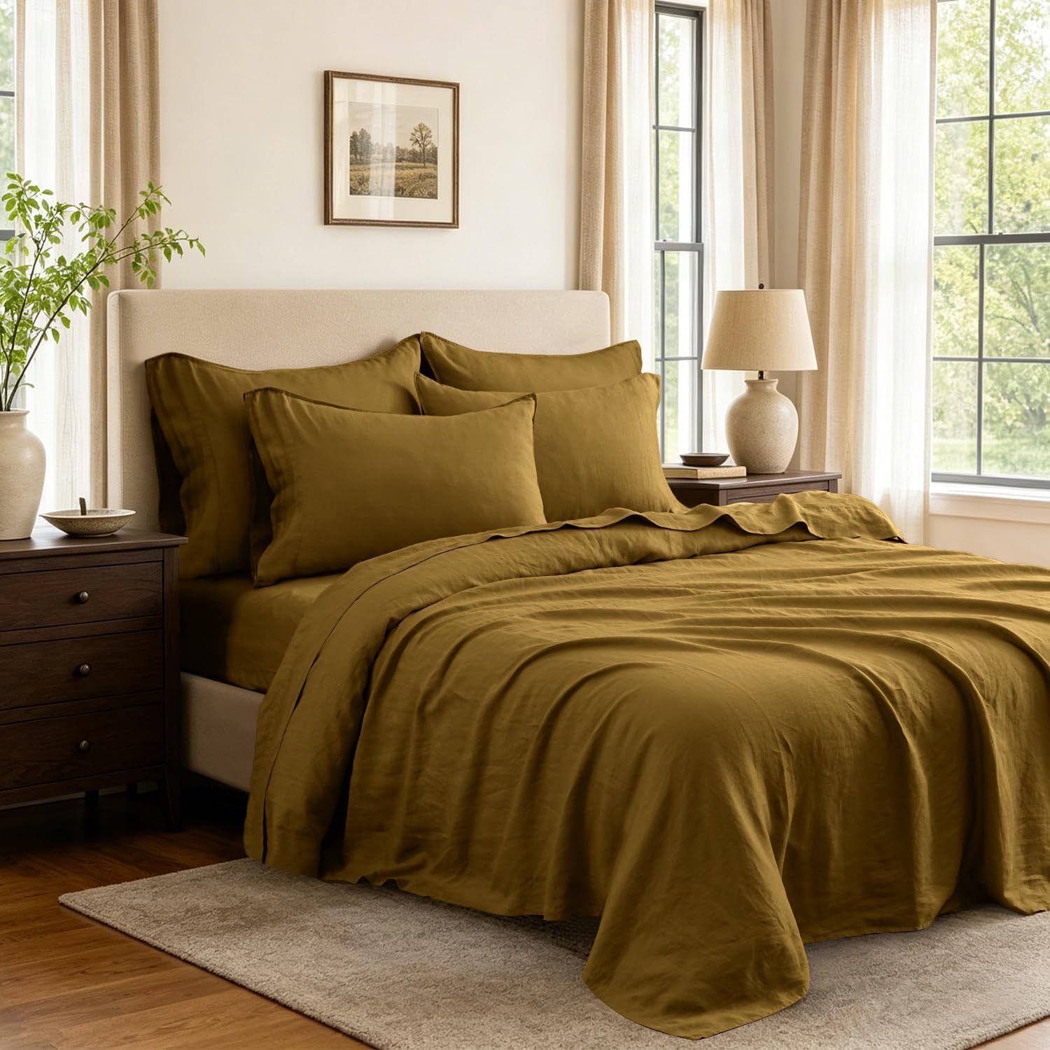 S VICTORY SYMBOL 100% French Linen Sheets Set-Queen Size,Stone Washed Natural Flax 4Pcs(2 Pillowcases,1 Fitted Sheet,1 Flat Sheet) Ultra Soft Breathable Bedding Set,Ecru Olive