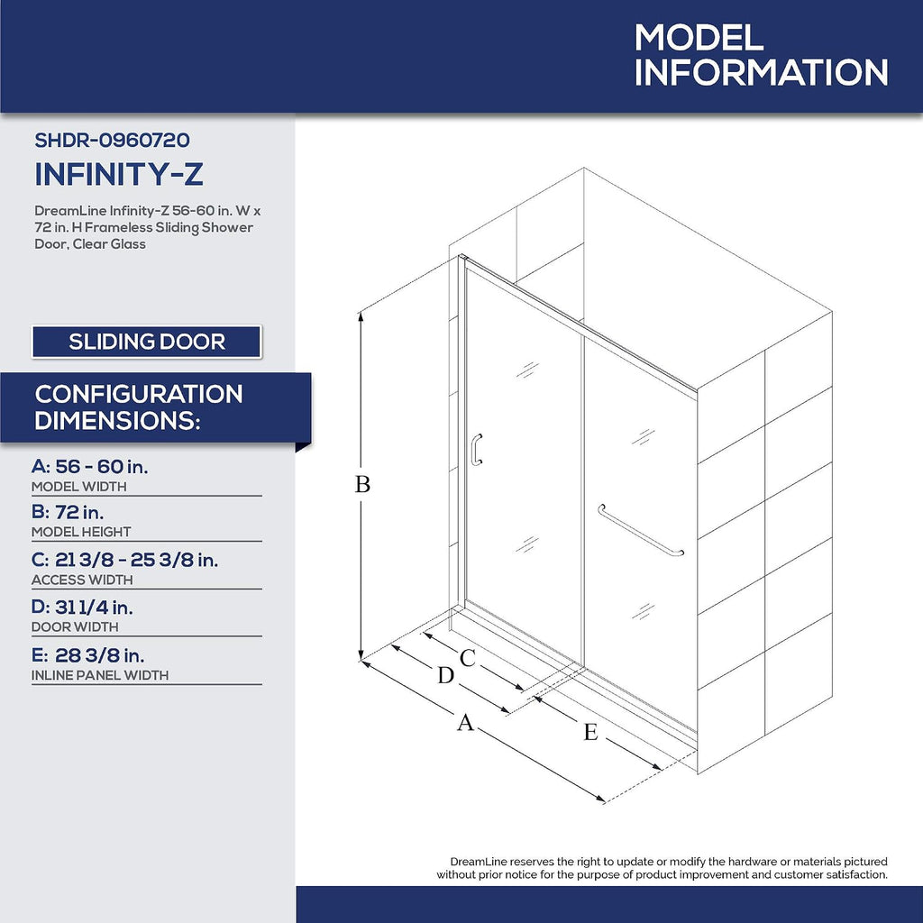 DreamLine Infinity-Z 32 inch D x 60 inch W x 78 3/4 inch H Semi-Frameless Sliding Shower Door in Chrome and Clear Glass, Left Drain Shower Base, and Wall Kit in White