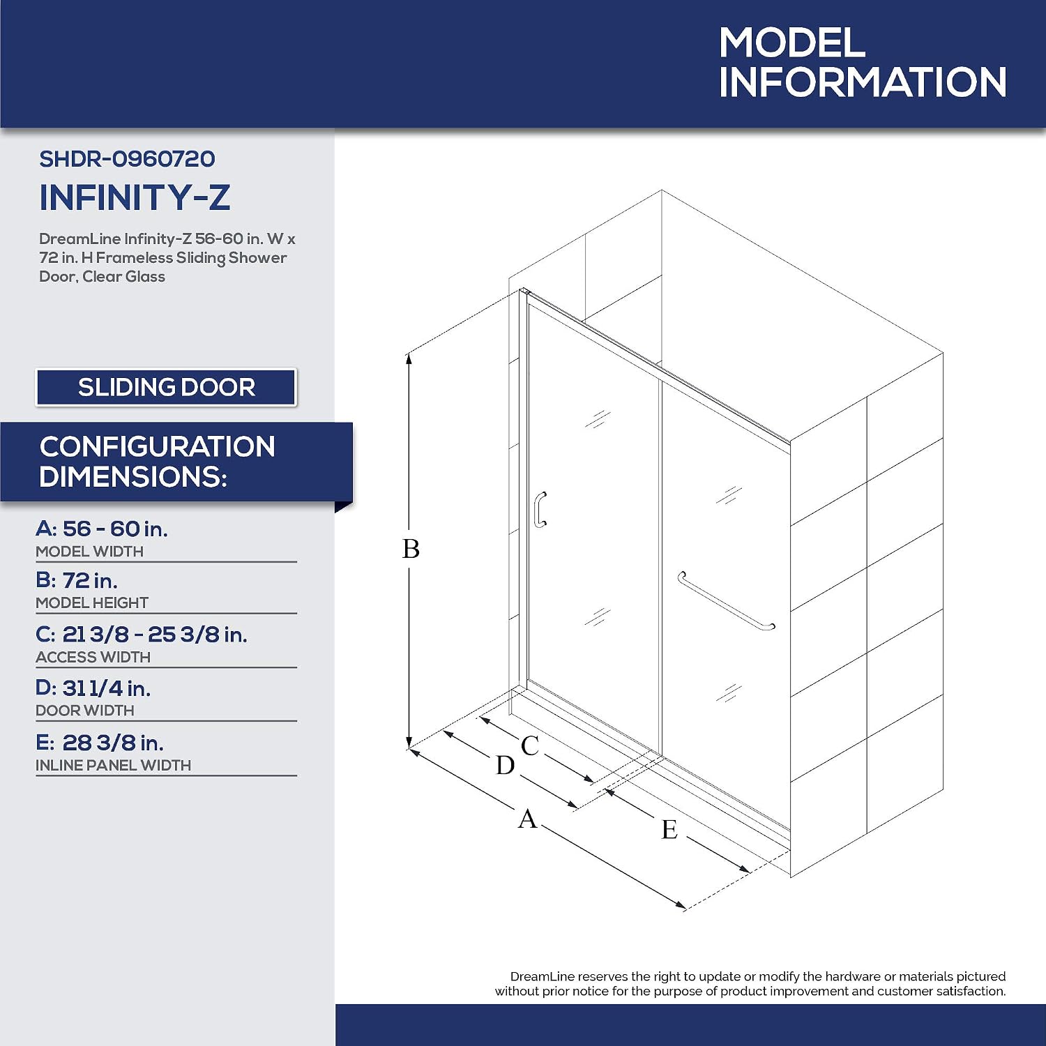 DreamLine Infinity-Z 32 inch D x 60 inch W x 78 3/4 inch H Semi-Frameless Sliding Shower Door in Chrome and Clear Glass, Left Drain Shower Base, and Wall Kit in White