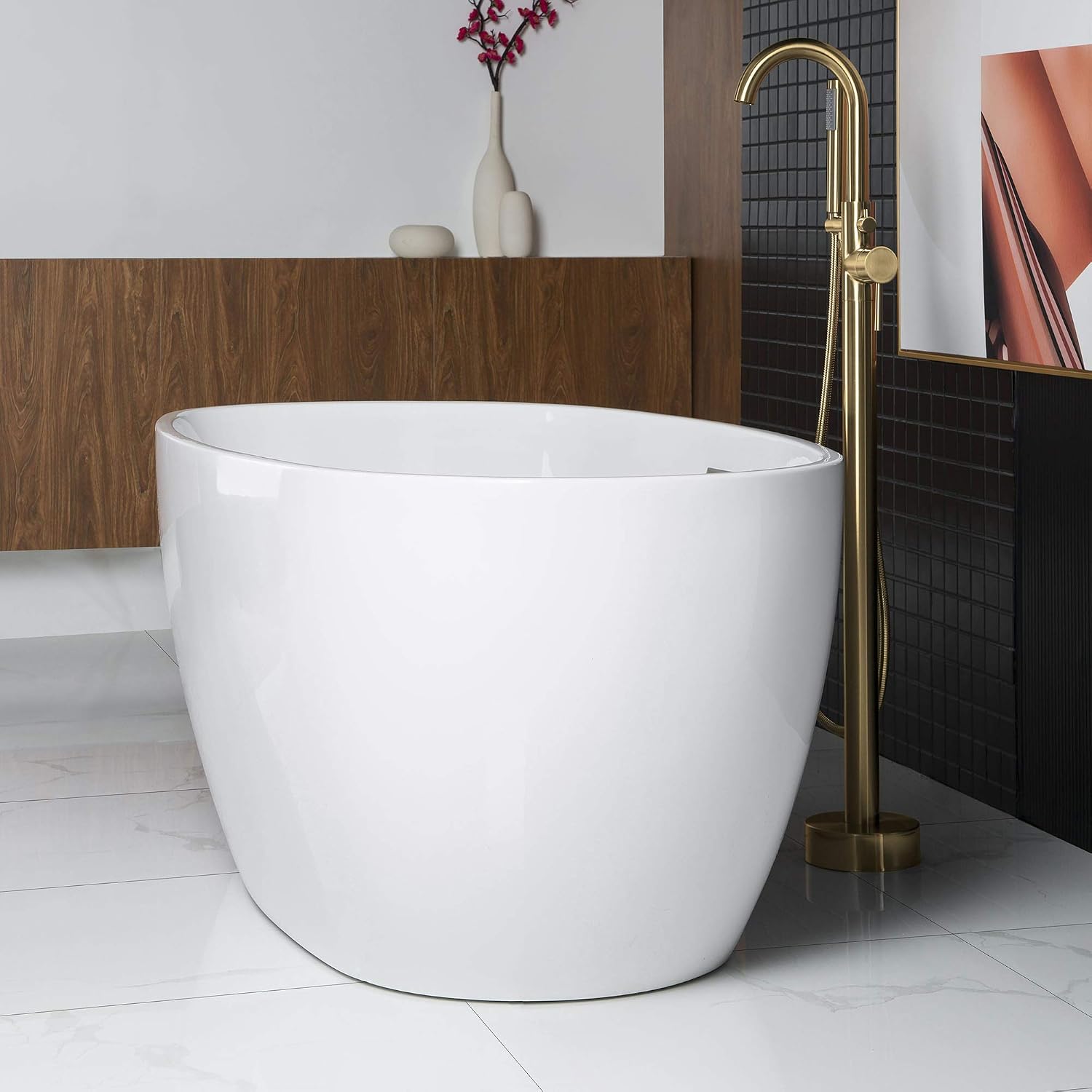 WOODBRIDGE 59'Freestanding White Acylic Soaking Bathtub with Brushed Gold Drain and Overflow,BTA1518 -BG-Drain &O