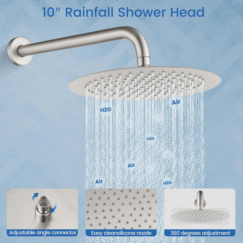 Airuida 3-Function Shower System with Tub Spout – Round Rainfall Shower Faucet Combo,Handheld Spray with 2 Functions,Includes Rough-In Valve with 360° Rotating Drain,10 Inch Shower Head,Brushed Nickel