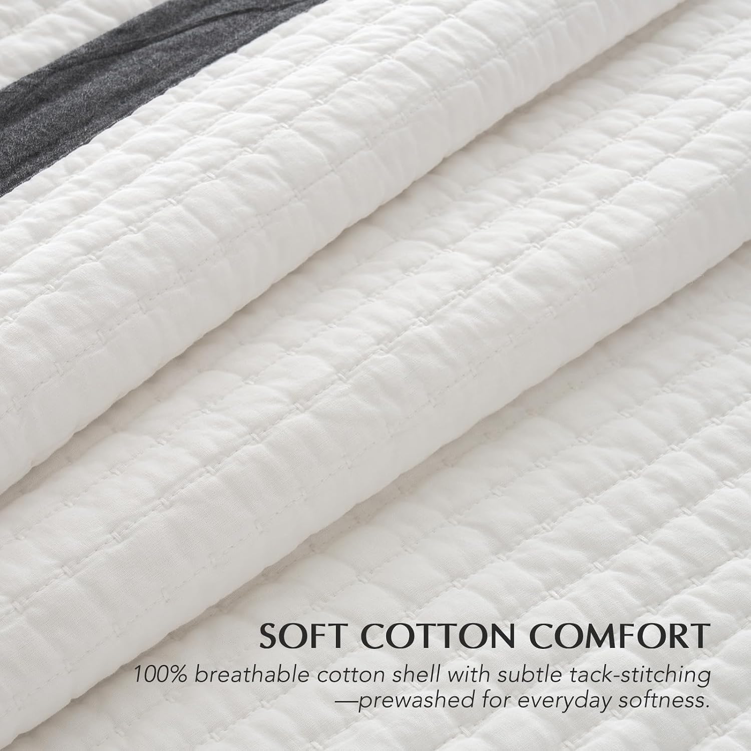 EVERGRACE Cotton Border Frame Tack-Stitch Quilt Bedding Set Queen Size, Coastal Oversized 3 Pieces Lightweight Bedspread Coverlet for All Season, with 2 Matching Shams, Washed Black