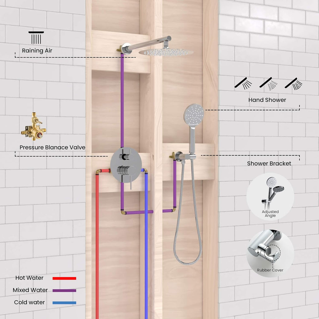 KIBI 2-Function Wall Mounted Circular Bathroom Shower System | Solid Brass Pressure Balanced Valve Shower Faucet Set with High Flow Showerhead and Handheld Spray for Bathroom (Chrome, KSF403)