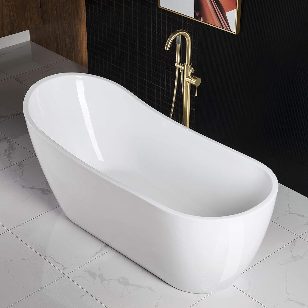 WOODBRIDGE 67' Acrylic Freestanding Bathtub Contemporary Soaking White Tub with Brushed Gold Overflow and Drain，B0001 -BG-Drain &O