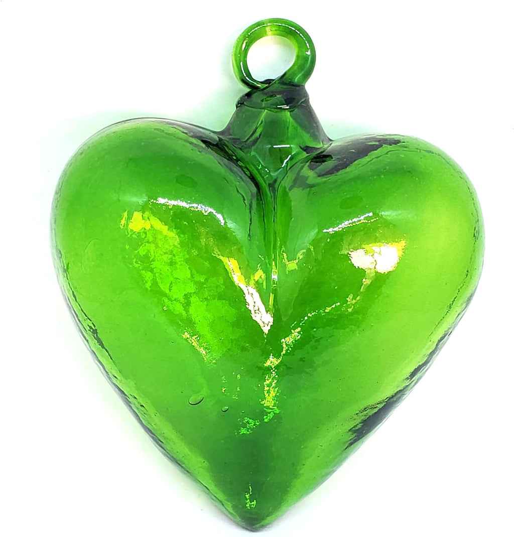 Green 5.1 inch Large Hanging Glass Hearts (Set of 6), Recycled Blown Glass Ornaments (LGE Green Hearts)